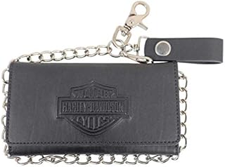 Harley-Davidson Men's B&S Biker Chain Tri-Fold Tall Leather Wallet - Black