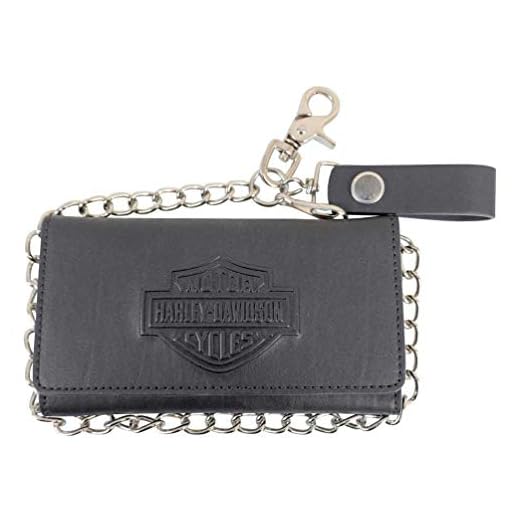 Harley-Davidson Men's B&S Biker Chain Tri-Fold Tall Leather Wallet - Black