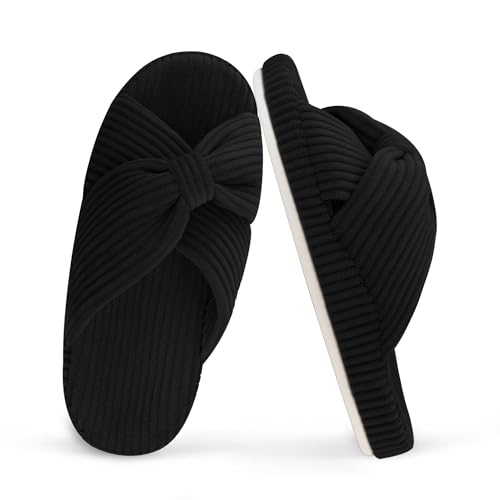 MAJOALLURE Women's Cozy Memory Foam Arch Support House Slippers Ladies Orthopedic Crossband Open Toe Home Bedroom Bed Slippers for Plantar Fasciitis Fluffy Corduroy Bow Slide Indoor Outdoor BLACK 9-10