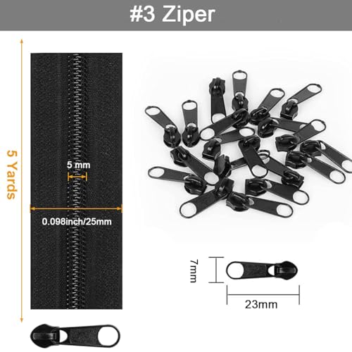 TBACW 5 Yards Bulk Zipper #3 Zippers for Sewing,#3 Black Nylon Coil Zipper by The Yards Replacement with 20PCS Sliders for DIY Sewing Craft Bags (Black) - Image 2