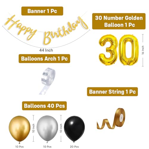 Image of Party Propz 30 Birthday Decoration Kit -44 Pcs, Birthday Decoration Items with Birthday Balloons, Golden Happy Birthday Banner, Happy Birthday Decoration Kit for Adults (Cardstock, Latex)