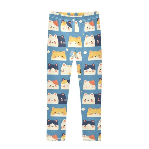 KLL Funny Cute Colorful Faces of Cats on Blue Cute Little Girls Cotton Leggings Stretch Full Length Dance Pants Exercise