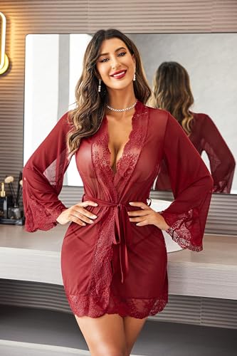 Image of SSoShHub Women Lace Kimono Robe Babydoll Lingerie Mesh Chemise Nightgown Cover Up Robe with Panty