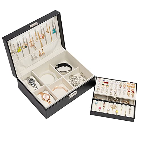 Schmuckkästchen, Schmuckkasten Doppelschicht PU-Leder Aufbewahrungskoffer,für Armbänder Ringe Ohrringe Halsketten Schmuck Veranstalter Geschenkbox für Mädchen Frauen, mit Schloss(Schwarz) Cover