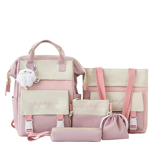 5Pcs Kawaii Backpack Cute Backpack for School Aesthetic Backpack Kawaii School Supplies Backpack Set with Accessories (Pink)