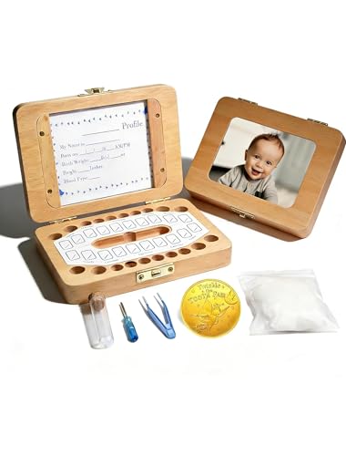 Tooth Fairy Tooth Holder Handcrafted Natural Wood Storage Box with Fairy Gold Coin Ideal for Baby Teeth Umbilical Cord Lanugo Odorless Non-toxic Keepsake Organizer for Lost Teeth (Middle)