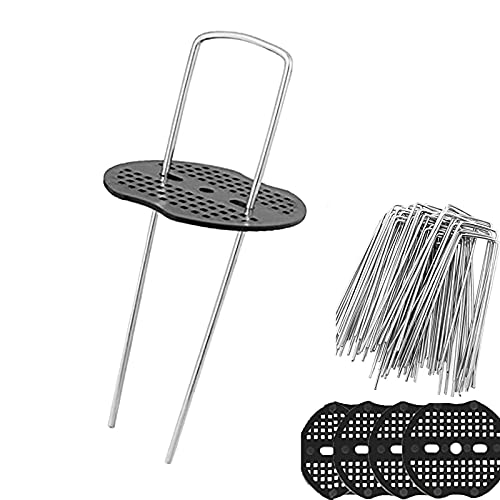 50 Pièces Piquets de Fixation en Acier, Ancrages au Sol en Acier, Ancrages au Sol Stables avec 50 Disques Tampons pour la Toison de Jardin, Camping,150 mm de Long, 25 mm de Large, Ø 2.7 mm Cover
