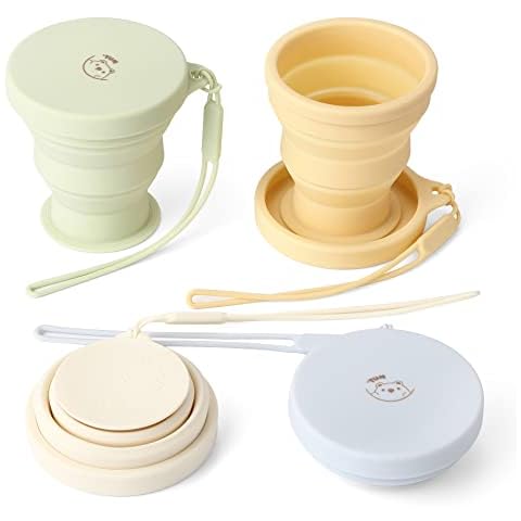 GUANCI Silicone Collapsible Travel Cup Set, 4 Pack Silicone Folding Camping Cup with Lids, Expandable Drinking Cup Sets, Portable, Dishwasher Safe for Outdoor Hiking Travel (Macaron 4 colors) Cover