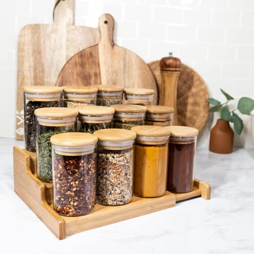 Image of VILON 11oz(330ml) 12-Pack Glass Jars Set, Cylinder Spice Jars with Bamboo Lids and Labels, Food Storage Container Canisters for Home Kitchen, Spice, Herbs, Seasoning, Seed, Tea, Sugar, Salt