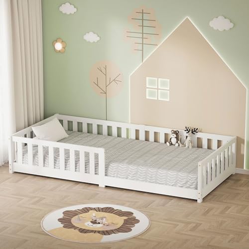 ML-Design Cama de Suelo Infantil 90x200 cm Blanco Madera Maciza de Pino con Somier de Láminas y Protección Anticaída Cuna Individual Lecho para Niños y Bebés Mobiliario para Habitación Juvenil
