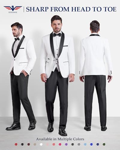 Hihawk Mens 3 Piece Tuxedo Set with Bow Tie, One Button Shawl Lapel Jacket Vest Pants, Slim Fit Suit Party Wedding Prom Tux2