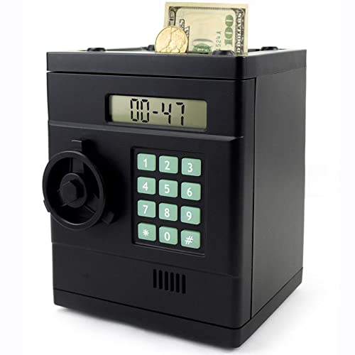 LB Upgrated Electronic Money Bank for Kids Auto Recognize Coin Piggy Bank for Boys Girls Auto Paper Money Scroll Mini Safe Box Password Display Balance Small Locker,Birthday Christmas Toy Gift,Black