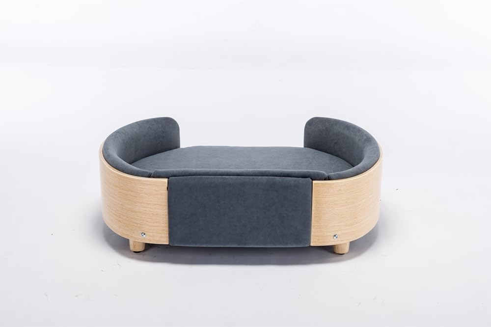 review Scandinavian Style Elevated Dog Bed Pet Sofa with Solid Wood Legs and Bent Wood Back, Velvet Cushion,Mid Size,Dark Grey