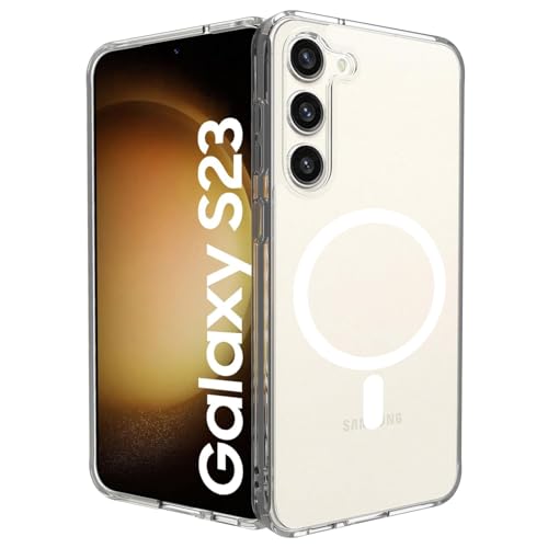 RIGGEAR Shockproof Clear Hybrid Armor Magnetic Back Cover Case Compatible with MagSafe Accessories for Samsung Galaxy S23 (Clear PC + Clear TPU Bumper)- Best and cheap mobile covers in India