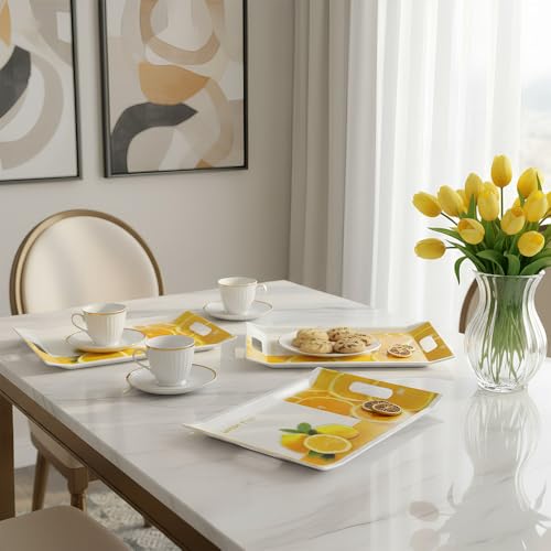 Image of U.P.C Premium Melamine Serving Tray Set of 3, Rectangular Serving Trays with Handles for Tea, Coffee, Drinks, Snacks & Breakfast, Durable Lightweight Kitchen Trays (FL24)