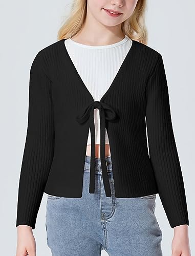 Mebius Girls Long Sleeve Cropped Cardigan Sweater Kids Ribbed Knit V Neck Tie Front Bolero Shrug Top School Casual2