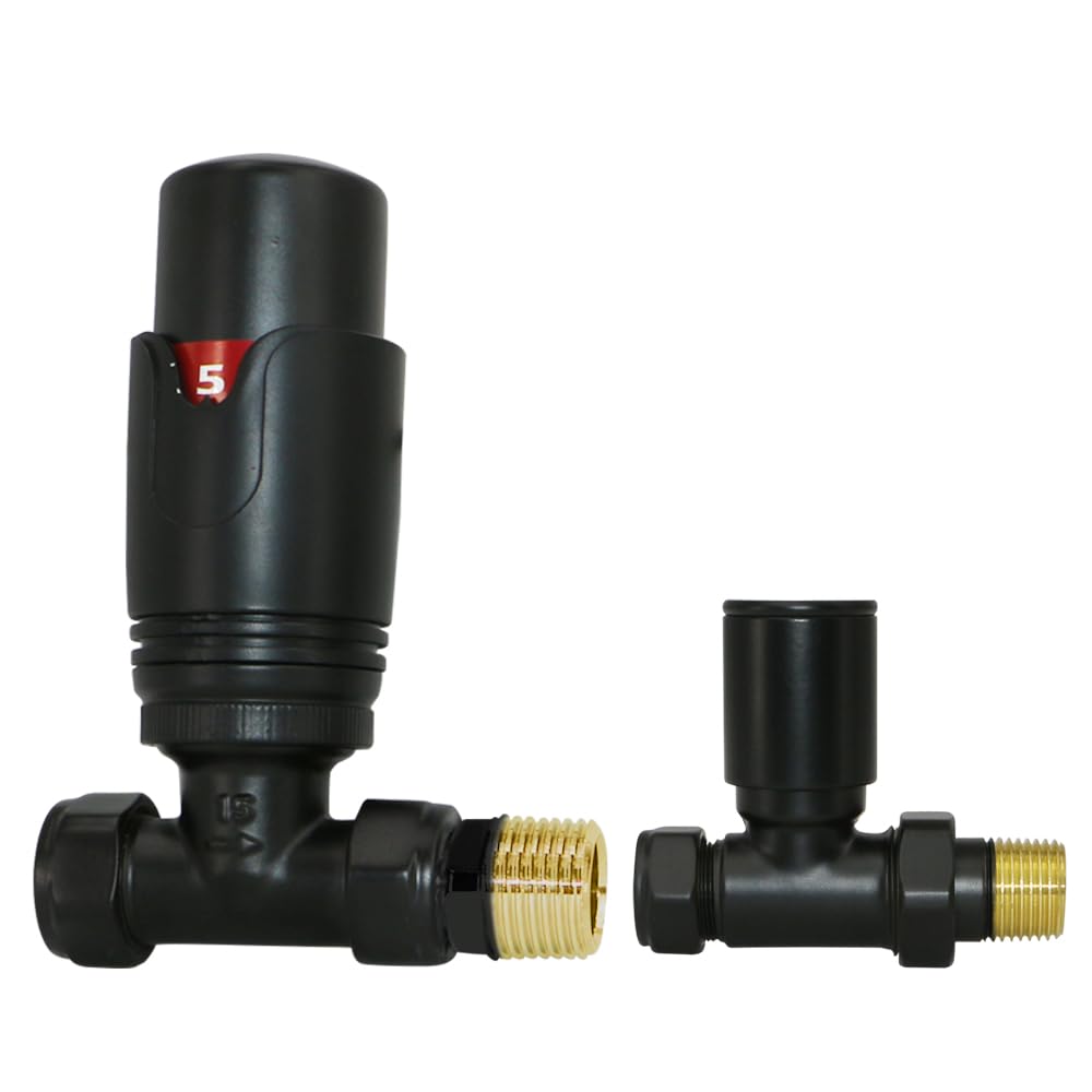 Warmehaus Black Thermostatic Radiator Valve 15Mm Straight Radiator Trv + Lockshield For Heated Towel Rail Radiator