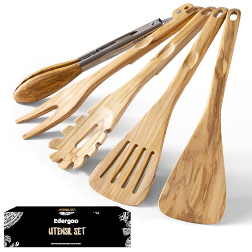 Edergoo Olive Wood Cooking Utensils Set, 5 PCS Wooden Spoons for Cooking Includes Stainless/Wood...