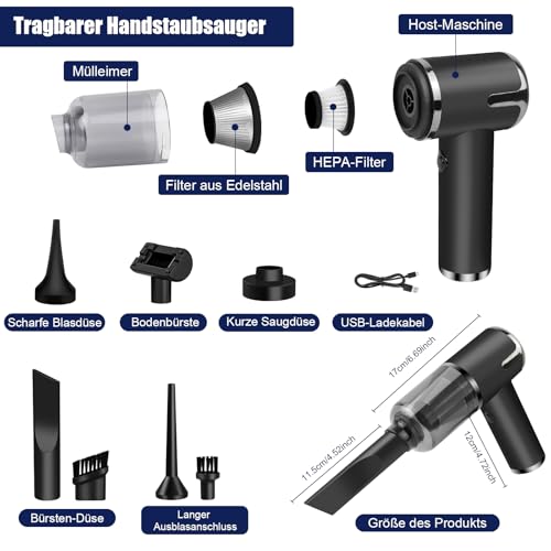 AGARELE Akku Staubsauger, Auto-Staubsauger kabelloser, Mini-Staubsauger, multifunktionaler Handstaubsauger mit Bürste, Flache breite Öffnung, Leichter Handstaubsauger für Auto, Tierhaare, 6000 Pa