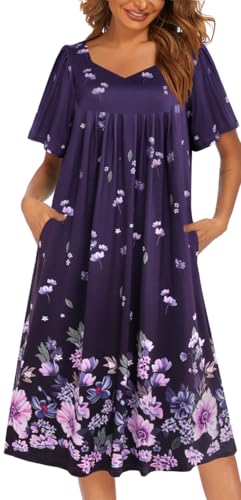 Image of Ekouaer Women's House Dress - Pleated Nightgown with Short Sleeves & Pockets