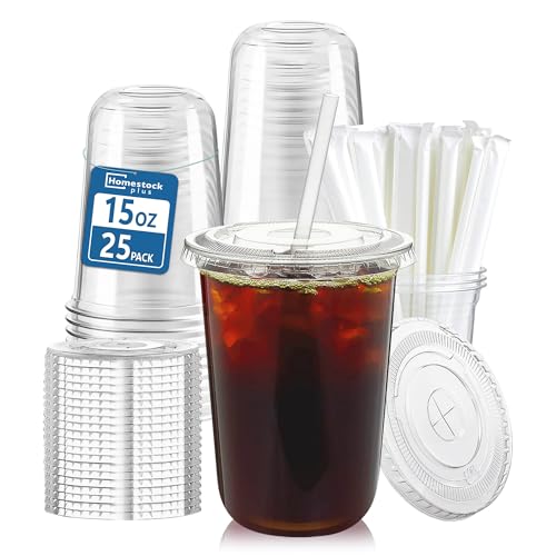 Homestockplus 25 Pack 15 oz BPA-Free Clear Plastic Cups with Lids and Straws Leak-Proof Disposable To-Go Cups for Iced Coffee Smoothies Juice Daily Use & Small Gatherings