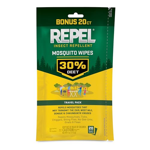 Repel Insect Repellent Mosquito Wipes 30% DEET, 20 Count, Convenient Travel Pack Repels Mosquitoes, Ticks, Gnats with Wipe-On Protection