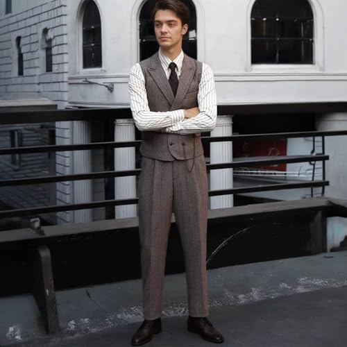 Tweed Mens Suit 3 Piece Herringbone Suits for Men Double Breasted Prom Suit Blazer Peak Lapel Vest Pants Set4