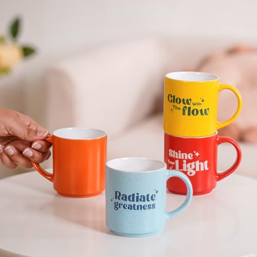 Image of Nestasia Ceramic Stackable Cups Set of 4 (280ml Each) - Embossed Motivational Quotes Tea & Coffee Cups with Glossy Finish | Microwave & Dishwasher Safe Cups - Ideal for Gifting (Colourful)