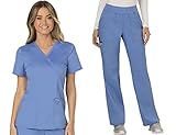 Cherokee Scrub Set For Women, Modern Classic Fit Mock Wrap Top WW610 With Mid Rise, Straight Leg Pant WW110, Ciel- M Top/L Pant