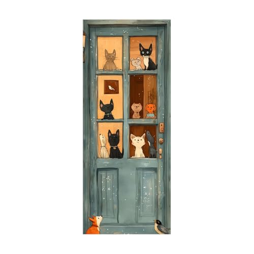 Stickers Porte Chat Chien Orange Autocollants de Décoration pour Porte Placard Poster Papier Peint PVC Auto Adhésif Habillage Decoration Porte Interieure...