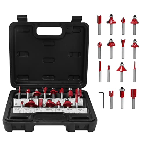 15pcs Fraise à Rainurer Fraise à Bois Routeur Bit 1/4' 6.35mm Milling Cutter Router Bit Kit en carbure de tungstène pour le travail du bois(Rouge)