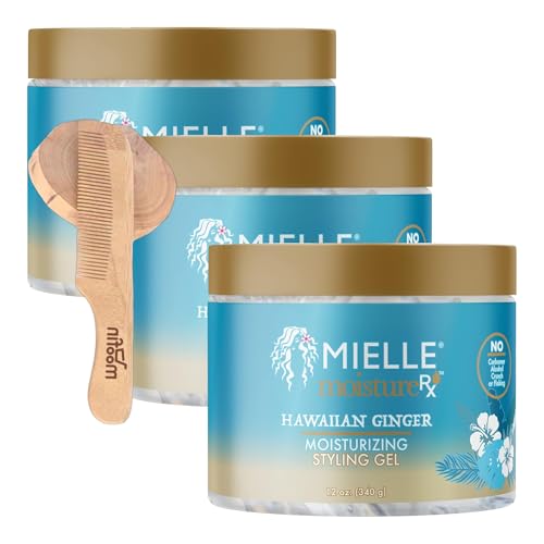 moofin Styling Gel Organics Moisture Rx Hawaiian Ginger Hair, 12oz â€“ Long-Lasting Hold, Enriched With Vitamins, Curls & Waves, Bundled With Wooden Comb, Moisturizing Hair Gel, [Pack Of 3], Clear