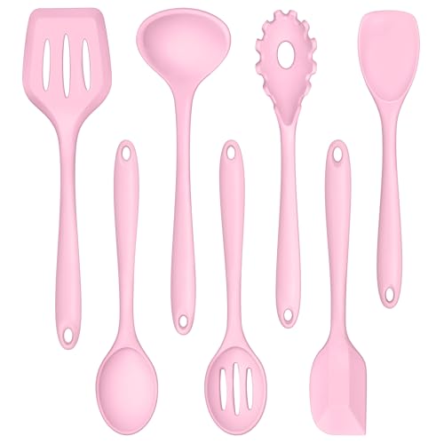 TeamFar Silicone Cooking Utensil Set of 7, Kitchen Nonstick Tools Turner Spoon Spatula Ladle Pasta Server for Nonstick Cookware, Healthy & One-Piece, Anti-Heat & Dishwasher Safe - Pink