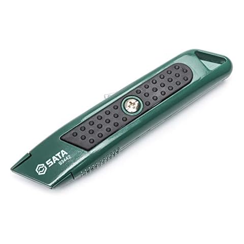 SATA ST93442SC Self-Retracting Utility Knife and 5 Blades, with Quick Blade Replacement and Blade Storage in The Green Nonslip Handle Cover