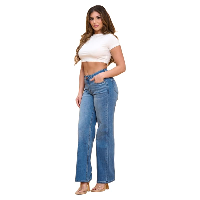 LOVER BRAND FASHION Women's Mid Rise Wide Leg Jeans - Stretch Comfort Light Sand Wash Denim Pants Vintage Style3