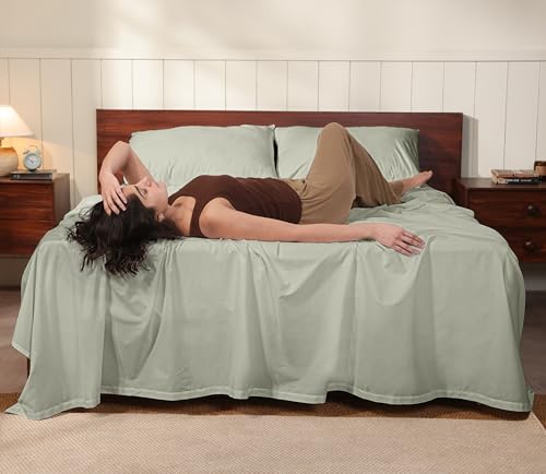 Image of RUVANTI 100% Cotton Percale Sheets King - Crisp Cooling Summer Bed Sheets for Hot Sleepers, Deep Pocket 14 inch, Soft Peach Finish, Breathable & Durable Hotel-Style 4 Piece Set, Sage Green