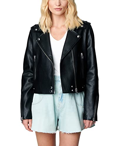 [BLANKNYC] Womens Luxury Clothing Vegan Leather Moto Jacket With Zipper Pocket Detail, Comfortable & Stylish Coat