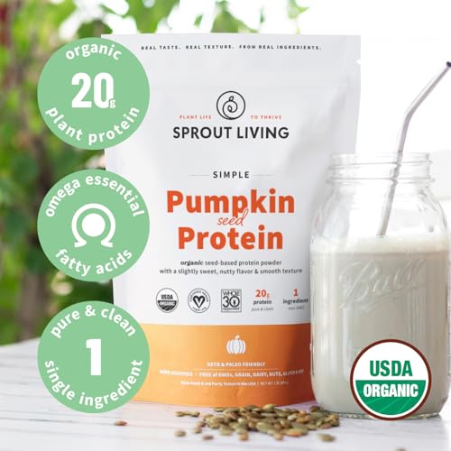Image of Sprout Living Organic Pumpkin Seed Protein Powder, Unflavored, 20 Grams of Plant Based Protein Powder Without Artificial Sweeteners, Non Dairy, Non-GMO, Vegan, Gluten Free (1 Pound, 15 Servings)