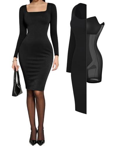Popilush Cocktail Dress Long Sleeve Square Neck Midi Dress Shapewear Tummy Control Bodycon Dress Party Evening Built in Bra Classic Black