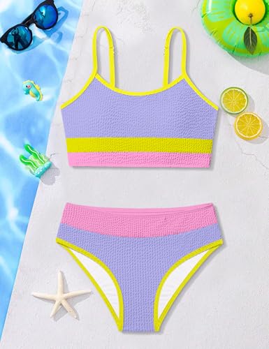 Image of Girls Bathing Suit Color-Block Adjustable Straps Bikini Sets Girls Two Piece Swimsuits with Chest Pad Swimwear 7-18T