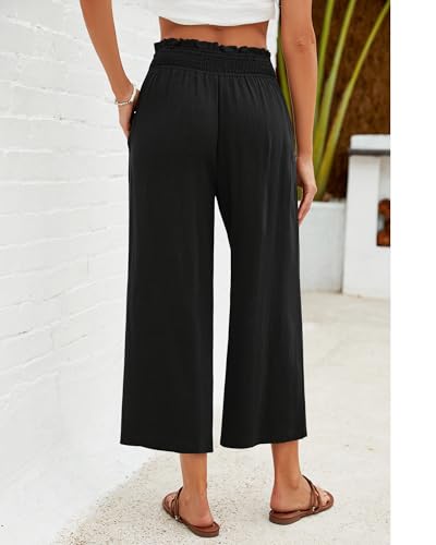 GRAPENT Capri Pants for Women High Waisted Wide Leg Linen Palazzo Trousers Pull On Elastic Smock Waist Loose Flowy Pants2