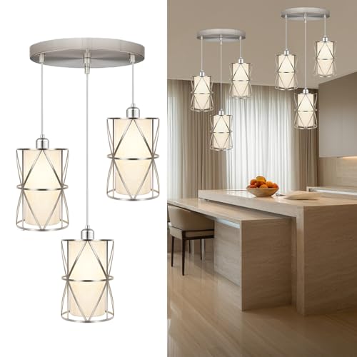 Zlierop Brushed Nickel 3 Light Chandelier, Adjustable Height Pendant Lights Kitchen Island, Modern Dining Room Light Fixture with Linen Shade, Kitchen Light fixtures for Dining Room, Bathroom