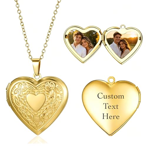 ALBERTBAND Collier Photo Personnalisé Pendentif Cœur Médaillon pour Femme avec Texte Gravé Bijou Cadeau pour Maman Femme Copine (A#Or)