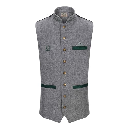 Steigenhöfer Trachtenweste Herren aus Baumwolle - Gustav - Verstellbarer Rückenriegel - Tiefe Taschen - Traditionelle Kugelknöpfe - Einstecktuch - Für ihr Oktoberfest Herren Outfit - Grau - XL