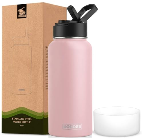 Image of Koodee Water Bottle with Straw 32 oz Stainless Steel Double Wall Vacuum Insulated Wide Mouth Water Flask-Reusable Metal Sports Water Bottle for Women (Light Pink)