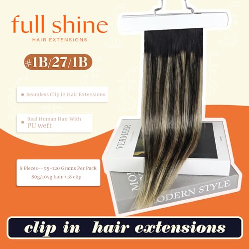 Image of Full Shine Seamless Clip in Hair Extensions Human Hair, Balayage Natural Black to Blonde Balayage Highlights, Invisible PU Weft for Short Hair, Lightweight 80g Natural Volume, 12 Inch, 8 Pcs