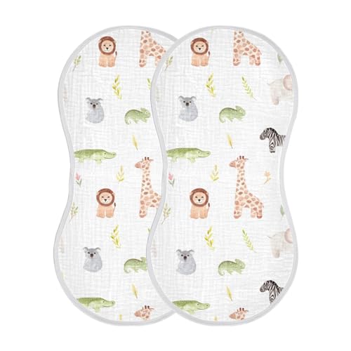 Image of WELLDAY Muslin Baby Burp Cloths Set of 2, Soft Absorbent Safari Animals Muslin Washcloths, Bibs, Face Towel for Newborn Boys Girls, 22 x 11 Inch