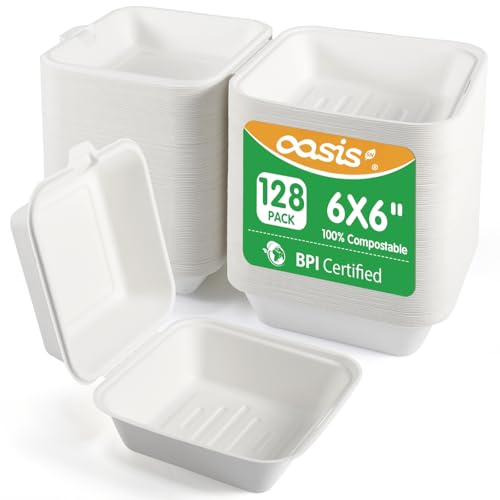 OasisSN 𝟲𝘅𝟲', 𝟭𝟮𝟴-𝗣𝗮𝗰𝗸 Compostable Clamshell Take Out Food Containers...