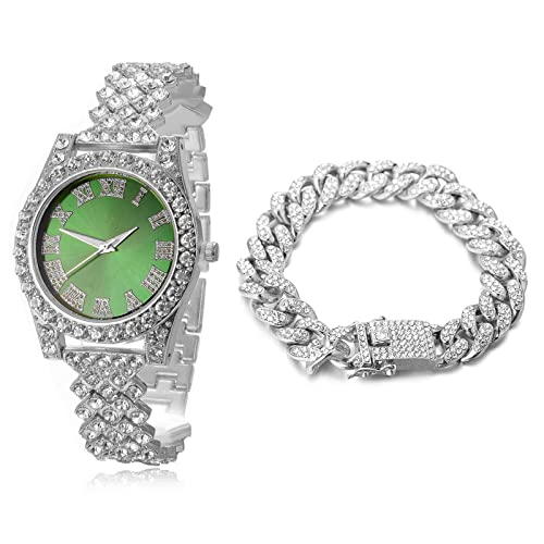 Image of Halukakah Diamonds Gold Watch Iced Out, Kid's 18K Real Gold /Platinum White Gold Plated 36MM Width Green /Blue /Red Dial Quartz Wristband 8 inch with Cuban Link Chain 7 inch+16 inch Bracelet, Free Giftbox