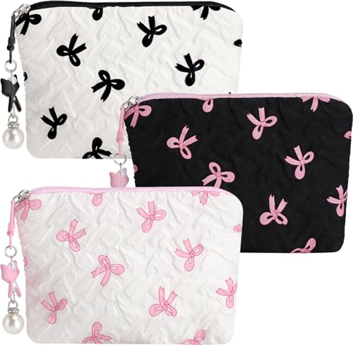 GZRXIOUS 3 PCS Pequeña Bolsa de Maquillaje, Neceser Portátil Multifunctional Organizador para Viaje con Textura Plisada en Relieve, Colgante de Lazo y Perla